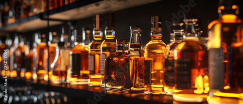 Whiskey bottles line the bar, glowing amber in the dim light, evoking a cozy nightlife ambiance photo