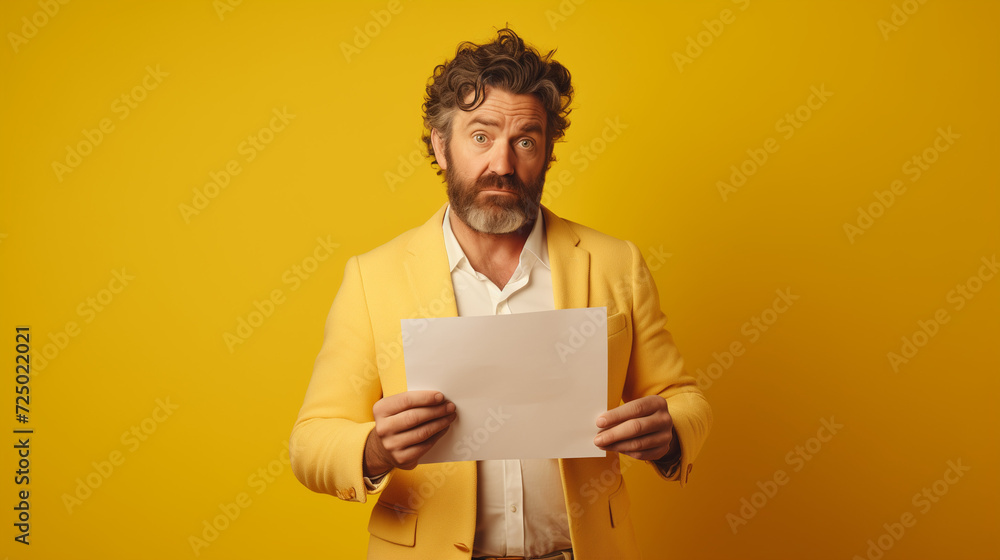 A man dressed in yellow stands against a yellow background holding a single piece of paper, the look on his face lets you know that he is contemplating what it says. Photographed in studio. A man dressed in yellow stands against a yellow background holding a single piece of paper, the look on his face lets you know that he is contemplating what it says. Photographed in studio.