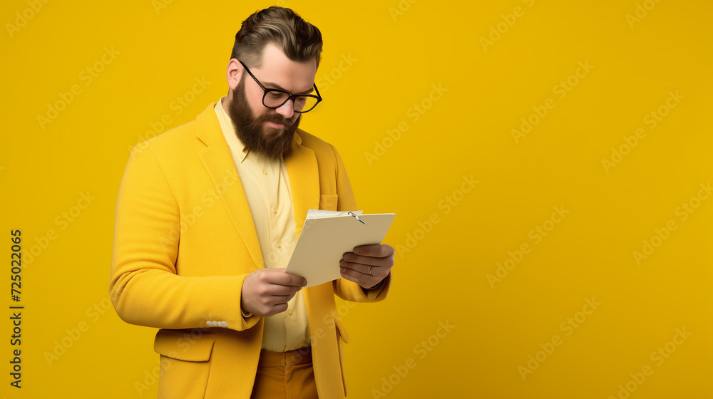 A man dressed in yellow stands against a yellow background holding a single piece of paper, the look on his face lets you know that he is contemplating what it says. Photographed in studio. A man dressed in yellow stands against a yellow background holding a single piece of paper, the look on his face lets you know that he is contemplating what it says. Photographed in studio.