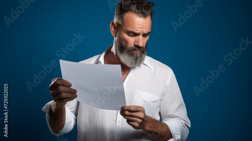 Deep Thoughts: Man Reflects in Blue Studio with Paper photo