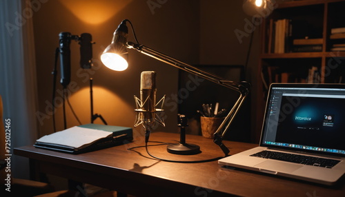 A condenser microphone with a pop filter is positioned in front of a laptop in a warmly lit room, ready for an evening podcast session.