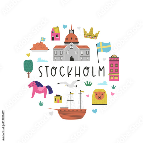Colorful image  frame art  circle design with animals  landmarks  symbols of Stockholm city  Sweden