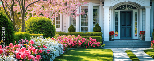 Panoramic view of the house with beautiful garden in spring. photo