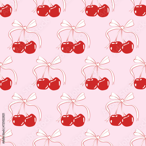 Cherry Coquette Bow Tie Ribbon Cute Vintage Grunge Seamless Background Pattern