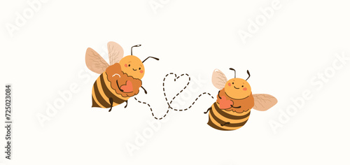 Two cartoon cute bees flying to meet each other along the way in the