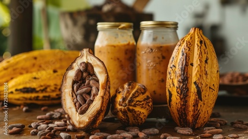 softness of cocoa fruits for a useful medical jam against the background of jars with their own delicious taste of cocoa pulp