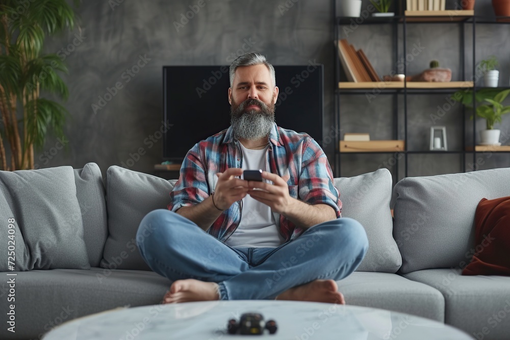 middle aged man sitting on his sofa with his mobile