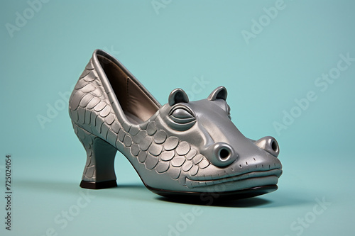 Funny gray woman shoe with hippo shape isolated on blue background, creative and unique fashion design photo