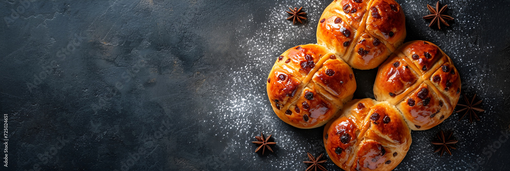 British Hot cross buns with raisins, decorated with a cross on the top for Easter. Banner on a gray background. British Hot cross buns with raisins, decorated with a cross on the top for Easter. Banner on a gray background.