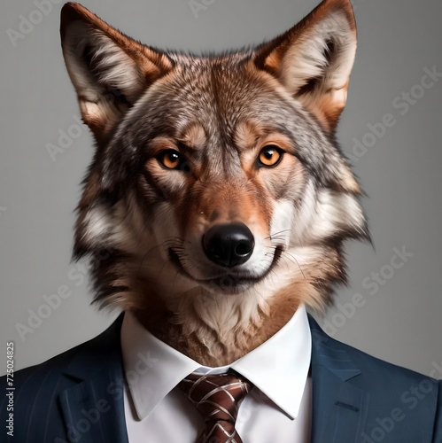 Wolf dressed in an elegant suit with a nice tie. Fashion portrait of an anthropomorphic animal  jackal  coyote  shooted in a charismatic human attitude 