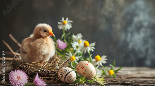 Baby Chick in Nest With Eggs and Daisies © Reiskuchen