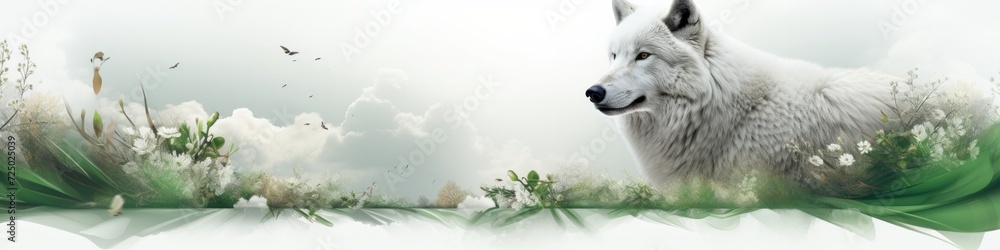 Obraz premium Panoramic banner with a white wolf, showcasing, wildlife, the beauty of the big outdoors, its importance to everyone's mental well-being.