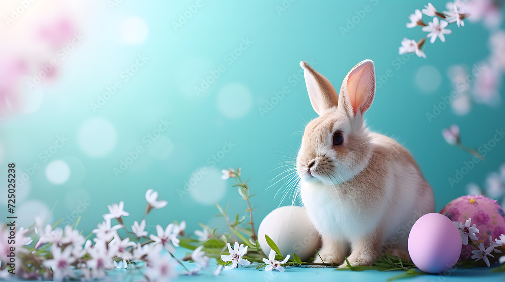 White Rabbit Sitting Next to Pink and Purple Eggs White Rabbit Sitting Next to Pink and Purple Eggs