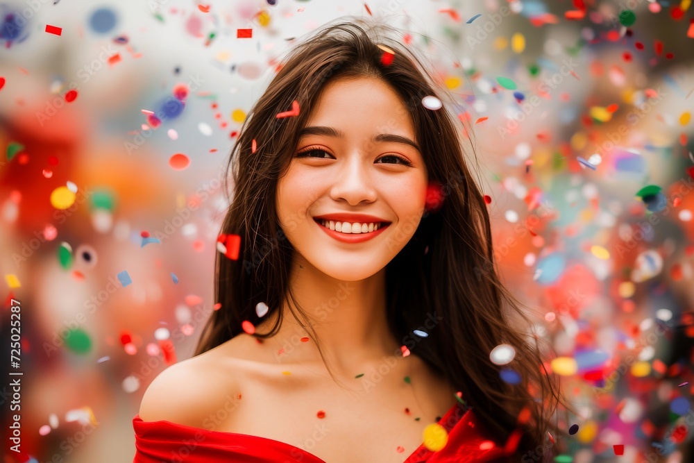 A joyous young Asian woman in a red dress smiles brightly, surrounded by colorful confetti in a festive atmosphere. A joyous young Asian woman in a red dress smiles brightly, surrounded by colorful confetti in a festive atmosphere.