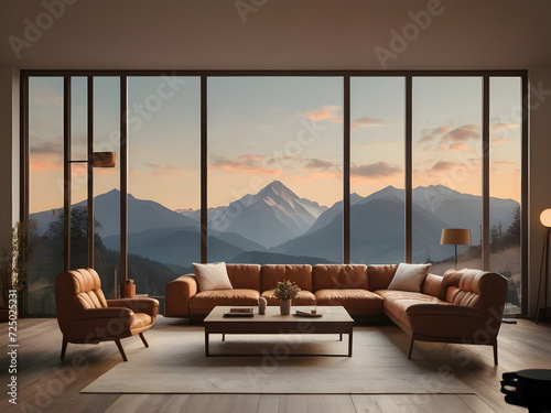 Generative KI Wohnzimmer mit großen Fenstern im Hintergrund Berge photo
