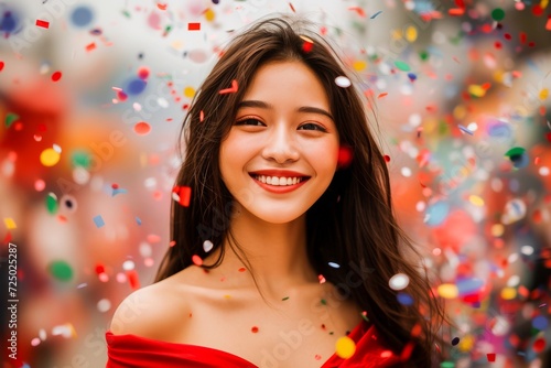 A joyous young Asian woman in a red dress smiles brightly, surrounded by colorful confetti in a festive atmosphere.
