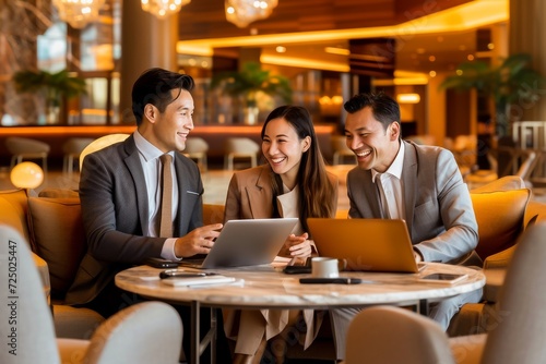 Three Asian professionals engaged in a friendly business meeting, using laptop and tablet at a modern cafe.