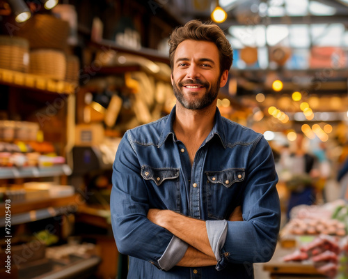 Cheerful bearded man smiling confidently with arms crossed  standing in a casual market environment.