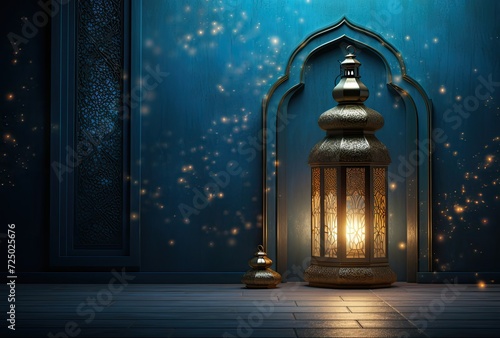 A Ramadan lamp positioned against a night window backdrop, providing ample copy space.