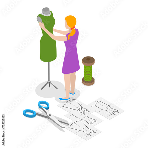 3D Isometric Flat Vector Illustration of Sewing Workshop, Fashion Designer. Item 1