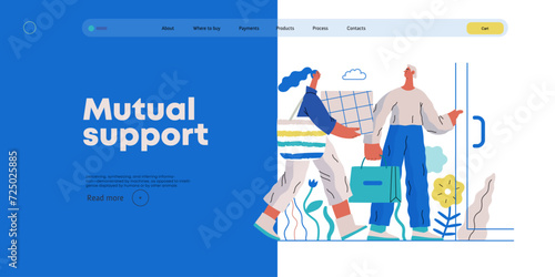 Mutual Support: Door Holding - modern flat vector concept illustration of woman carrying heavy box and man holding door for her. A metaphor of voluntary, collaborative exchanges of resource, services