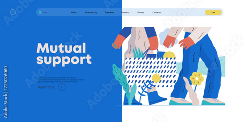 Mutual Support: Helping carry a heavy bag -modern flat vector concept illustration of a woman carrying shopping bag being assisted by man. Metaphor of voluntary, collaborative exchanges of services