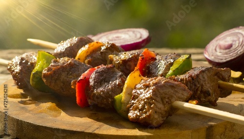 Churrasquinho. Comida Brasileira. Espetinho de carne bovina assada com legumes.