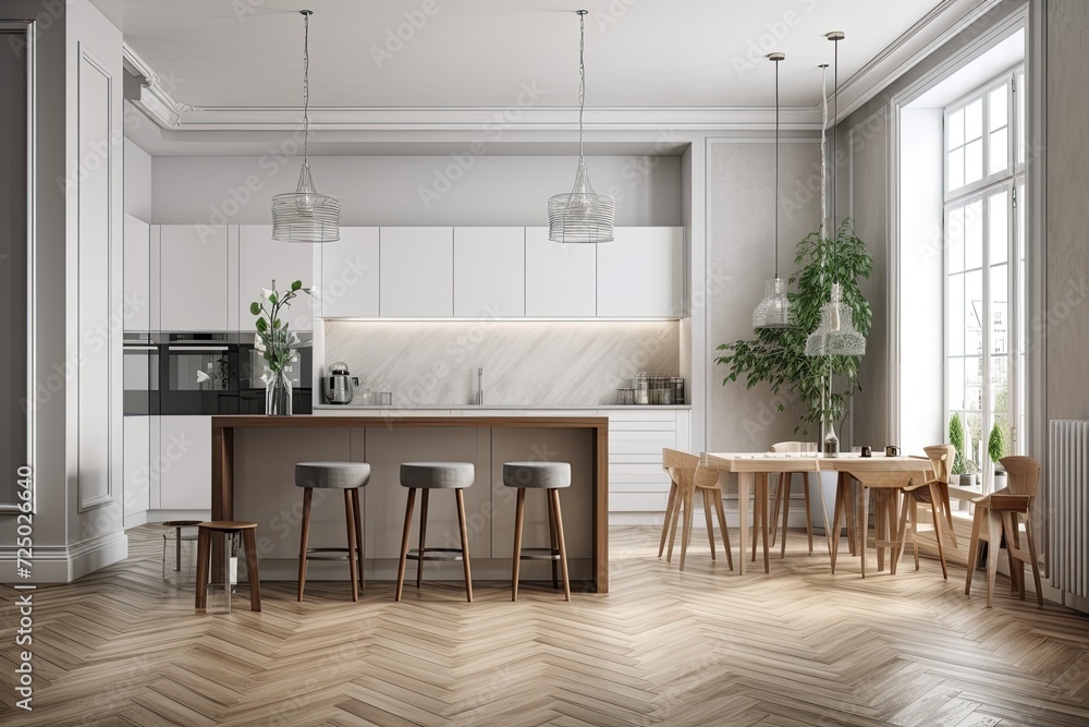 Fototapeta premium The wooden kitchen cabinet doors are blank canvases. A breakfast bar, two stools, two pendant lamps, and a parquet floor are all features of a contemporary decor. a mockup a notion for a contemporary 