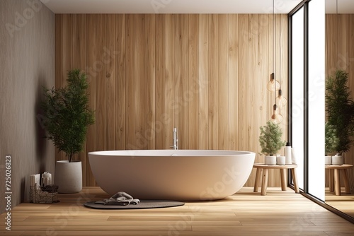 Interior Scene and Mockup  furnished bathroom with a bathtub in the center and a wooden wall