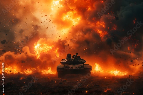 Capture the chaos of battle with an armored tank unleashing firepower, surrounded by bombs, explosions, and billowing smoke. Ideal for impactful desktop backgrounds.