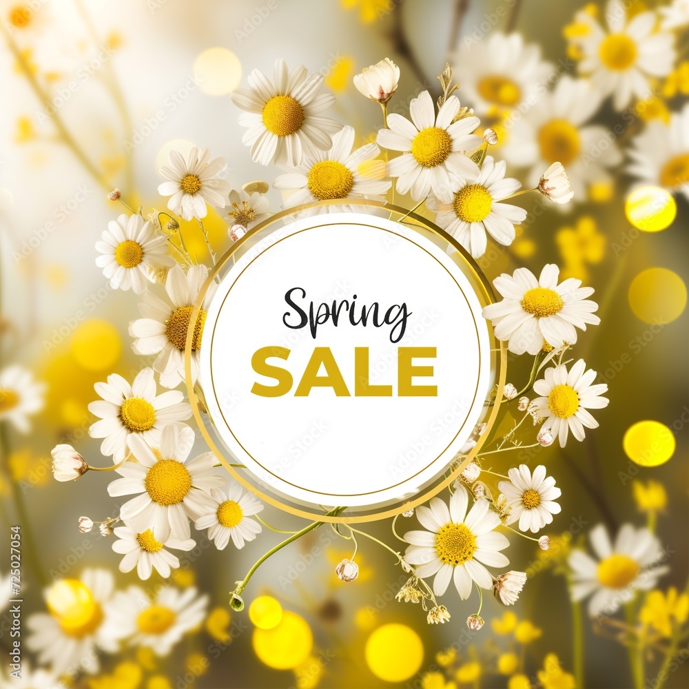 Fototapeta premium Vibrant Spring Sale Circular Banner Amidst a Meadow of Daisies