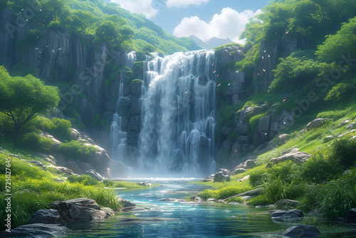 A majestic waterfall surrounded by lush greenery and chirping birds. Created with generative AI.