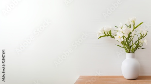 White Vase Filled With White Flowers on Wooden Table. Copy space