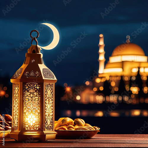 AI Generated Photo of A Traditional Brass Lantern, Ramadan Celebration Symbol photo