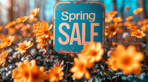 Rustic Spring Sale Sign Surrounded by Orange Wildflowers in Full Bloom