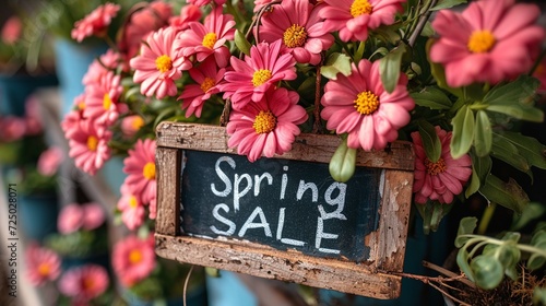Chalkboard Spring Sale Sign Amidst Pink Daisy Blooms in a Wooden Basket