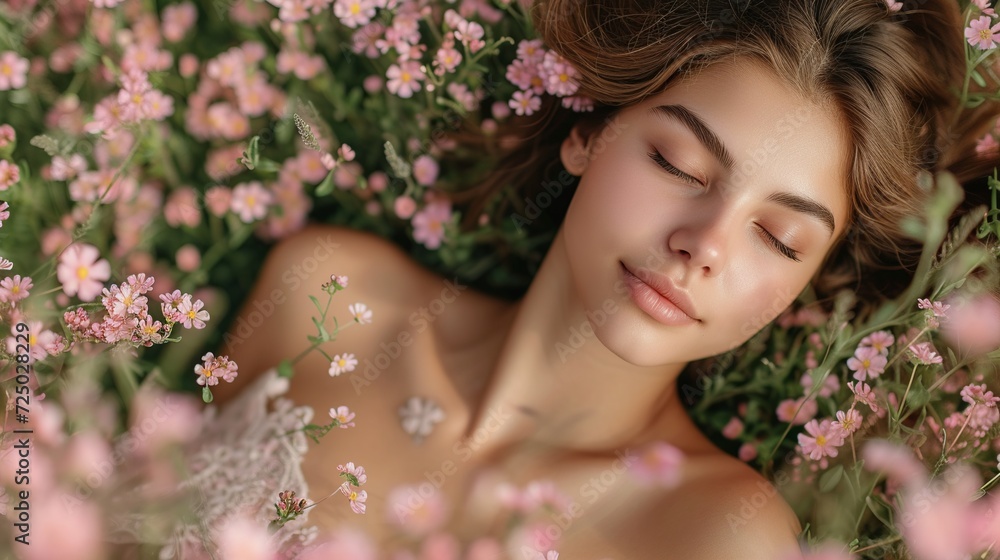 Gentle Spring Slumber - Tranquil Woman Resting in Field of Delicate Pink Flowers Gentle Spring Slumber - Tranquil Woman Resting in Field of Delicate Pink Flowers