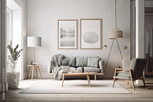 In a corner of a living room decorated in the Scandinavian style are plush gray sofas and chairs. Authentic floor lamps and a horizontal poster frame mockup