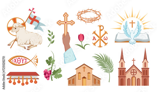 Religious christian signs and symbols. Set of colorful icons. Church, hands holding cross, fish, dove and bible. Book with seven seals. Lamb is symbol of Christ's sacrifice. Isolated. Vector