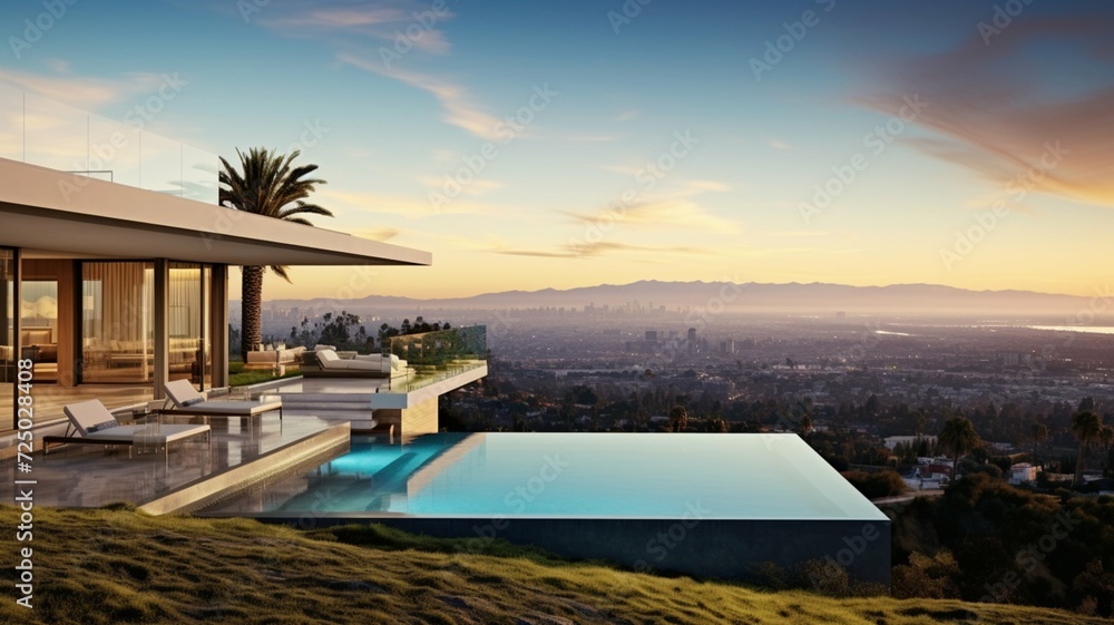 Sleek suburban villa with a cityscape panorama