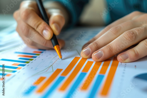 Close-up of a professional's hands analyzing and marking business performance graphs and charts with a pen.