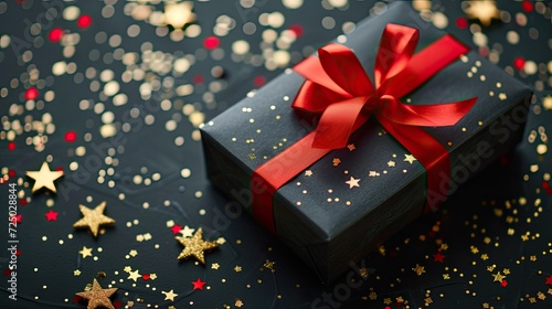 a black gift box, adorned with a vibrant red ribbon, embellished with shimmering gold star-shaped confetti, offering ample space for text or invitation in a festive and luxurious composition.