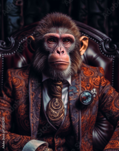 Monkey dressed in an elegant and modern suit with a nice tie. Fashion portrait of an anthropomorphic animal, chimpanzee, chimp, shooted in a charismatic human attitude © design