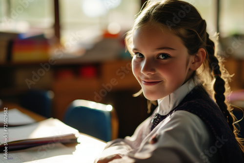 a lifestyle photography of caucasian schoolgirl sitting at desk, smiling, looking at camer photo