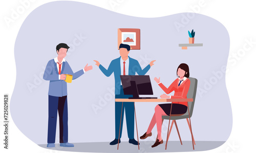Conflict Resolution and Conflict Management at Work, Mediator for irritation, quarreling two angry person quarreling and Mediator Resolution Skill. Conflict at workplace with boss screaming employee