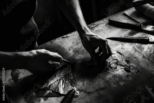 A black and white shot of a craftsman working in his workshop, close up on his hands on the table. Skilled artisan handcrafting a bespoke item in a workshop