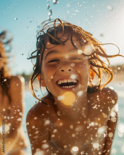Exuberant Happy  Boy Splashing in the Sea on a Bright Summer Day © NordicNeoVisuals