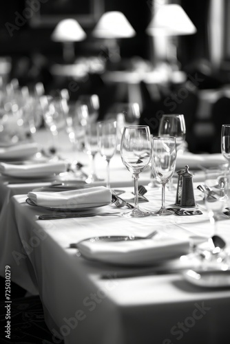 Beautiful table setting for fine dining. Black and white photo.Elegance of a banquet hall during a formal event, with tables adorned with crisp white linens and gleaming silverware. 