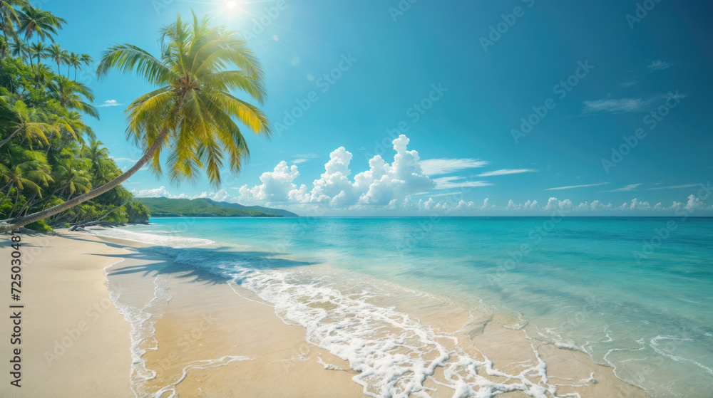 Peaceful tropical beach view featuring soft white sand, azure waters, and a row of verdant palm trees under a sunny sky with fluffy clouds.
