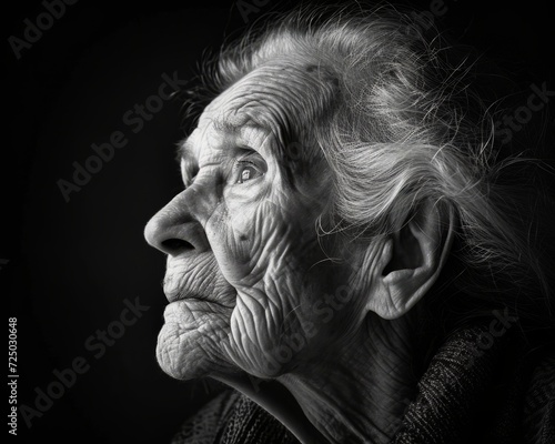 Portrait of a sad elderly woman. Black and white photo. Elderly woman gazing into the distance, capturing the depth of her life experiences. 